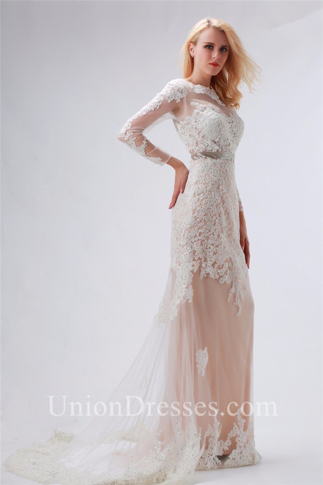 long sleeve open back evening gown