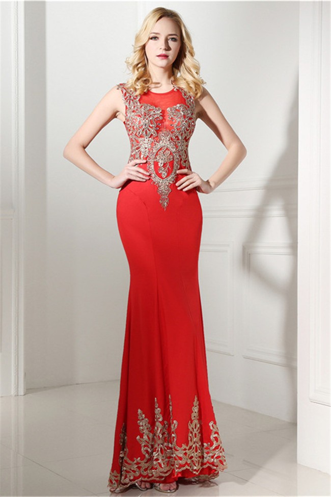 red and gold gown with sleeves