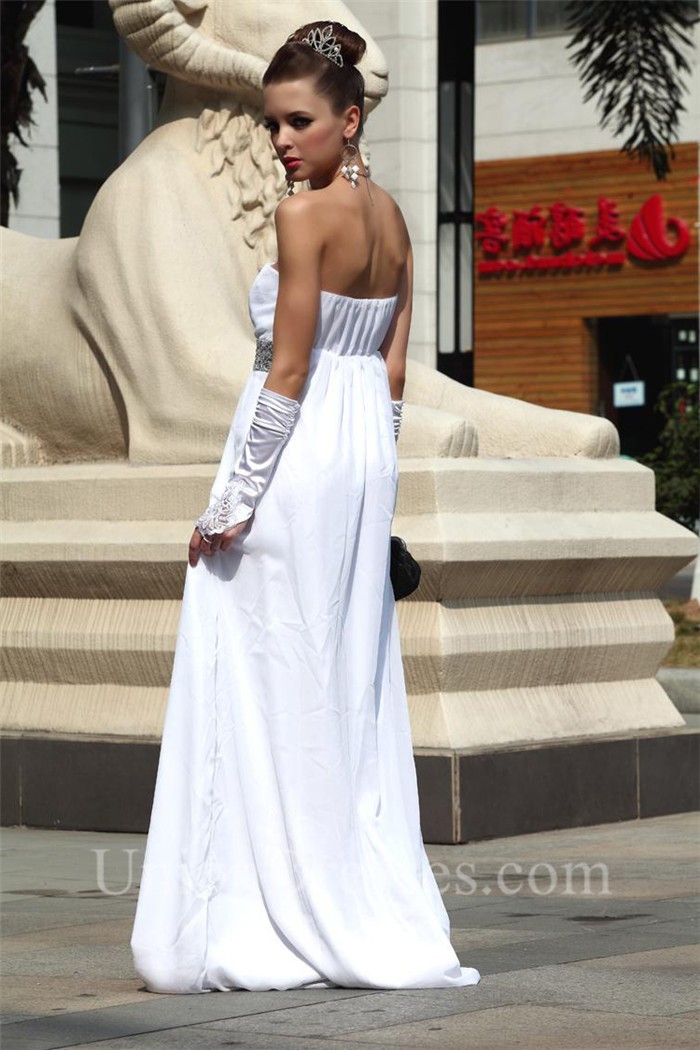 white strapless evening gown