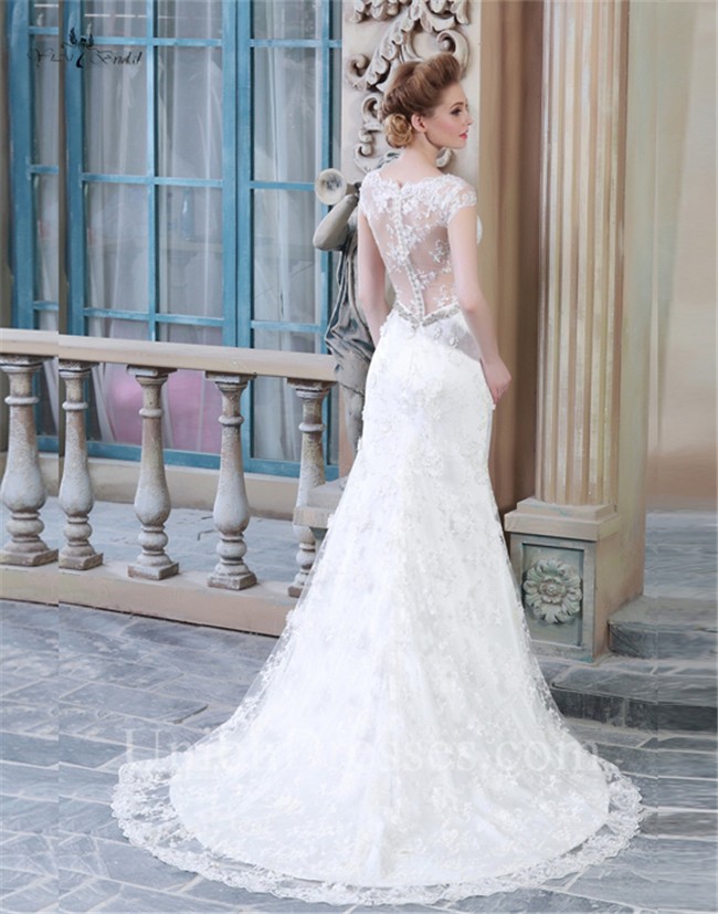 Sheath V Neck Cap Sleeve Sheer Back Lace Wedding Dress With Pearls Lightbox Moreview