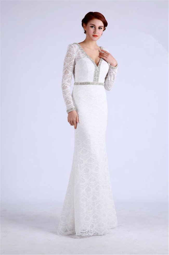 Trumpet/Mermaid V neck Long Sleeve Lace Dark Green Prom 
