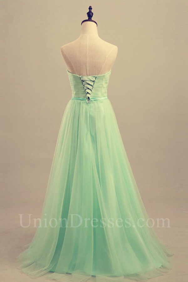 Simple A Line Strapless Long Mint Green Tulle Ruched Prom Dress With Strapless Long Mint Green Tulle Ruched Prom Dress With Sash Lightbox Moreview