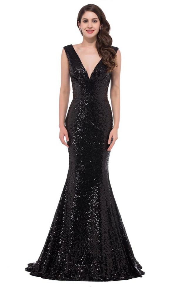Simple Mermaid Deep V Neck Sleeveless Black Sequin Prom Dress Corset Back