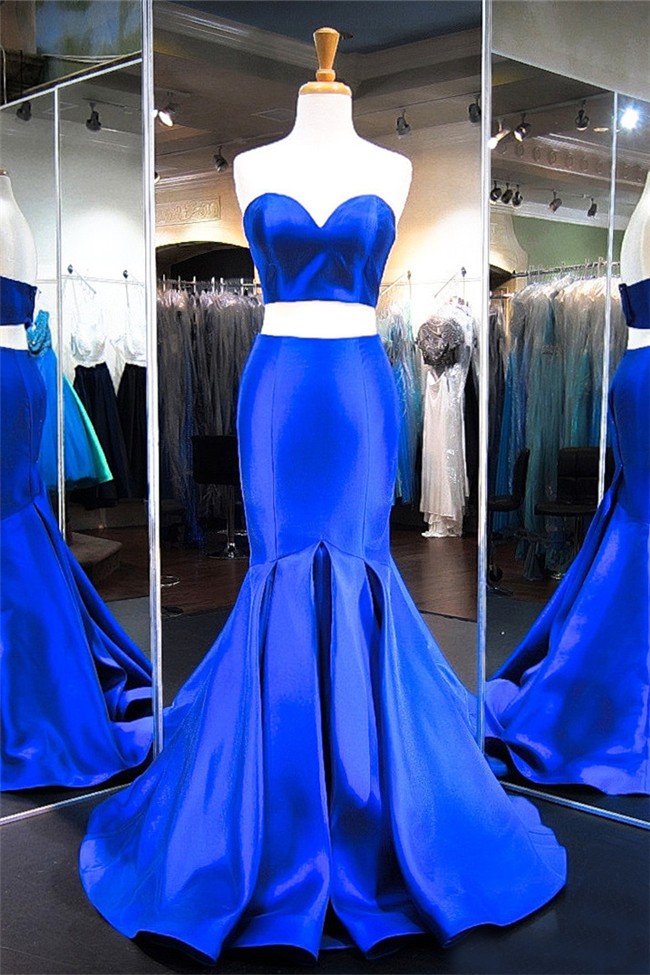 Simple Mermaid Sweetheart Two Piece Royal Blue Satin Evening Prom Dress