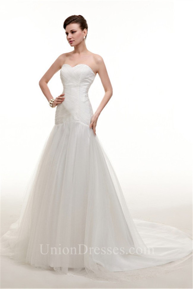 Simple Trumpet Sweetheart Tulle Ruched Wedding Dress Corset Back