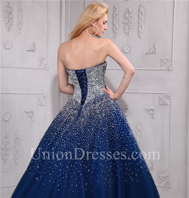 sparkly ball gown strapless navy blue tulle beaded prom dress corset