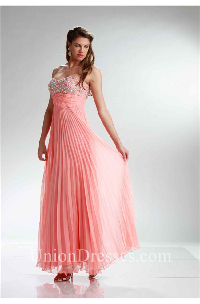 Stunning Strapless Empire Waist Long Coral Chiffon Pleated Prom Dress
