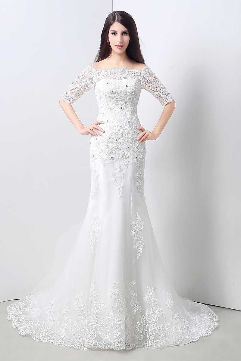Sexy Mermaid Off The Shoulder Short Sleeve Lace Beaded ...