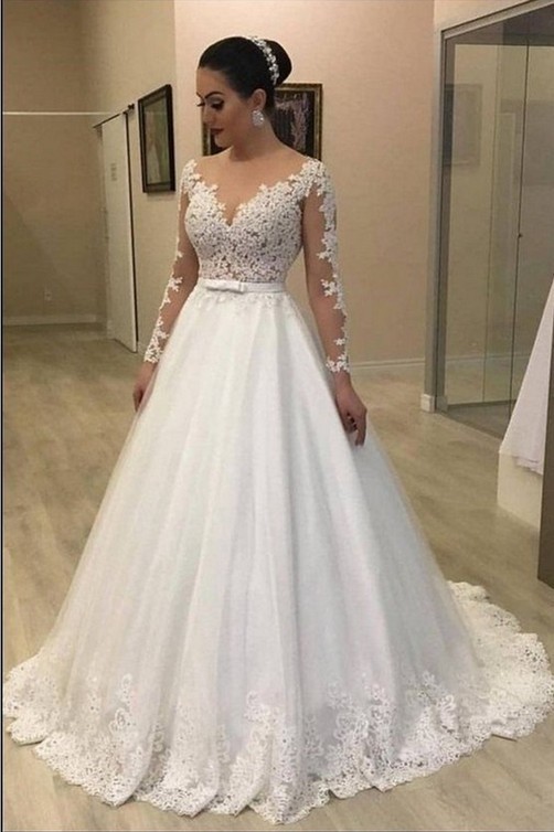 long sleeve lace a line wedding dress