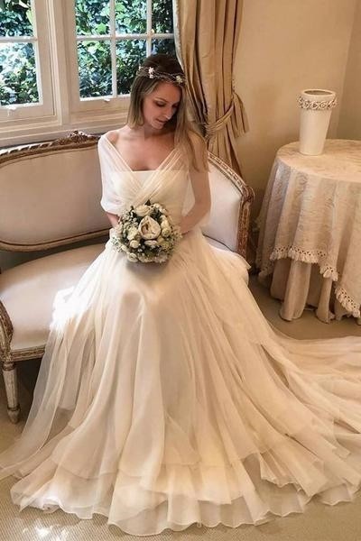 Boho A Line Strapless Chiffon Beach Destination Wedding Dress With