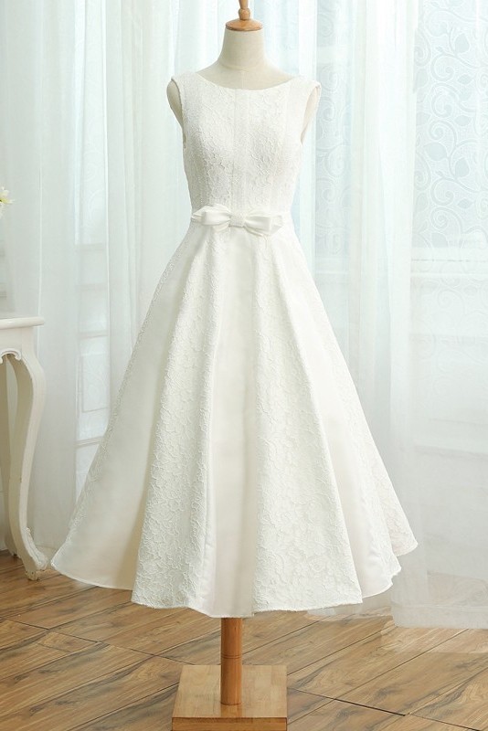 A Line Tea Length Low Back Corset White Lace Wedding Dress With Bow