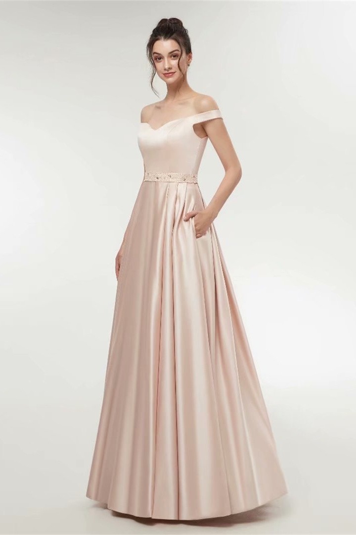 A Line Off The Shoulder Long Blush Satin Beaded Evening Prom Dress With ...