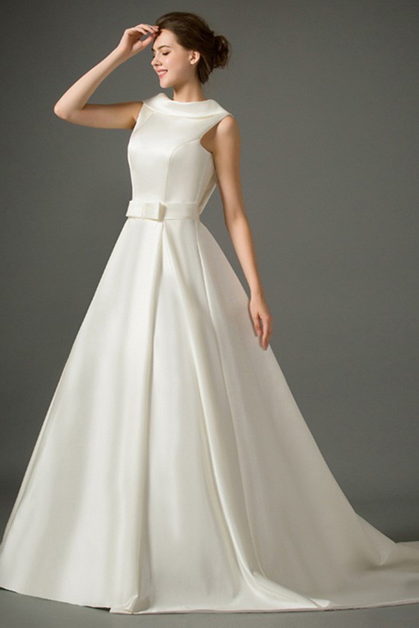 A Line High  Neck  Collar Low  Back  Satin Wedding  Dress  With 