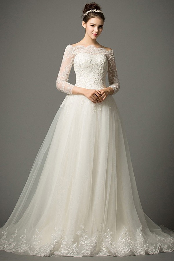 A Line Off The Shoulder 3 4 Sleeve Tulle Lace Wedding Dress With Long Train