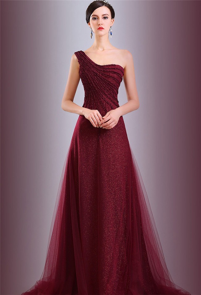 A Line One Shoulder Long Burgundy Tulle Sequined Evening Prom Dress