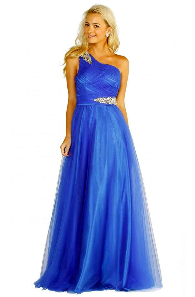 A Line One  Shoulder  Long Royal  Blue  Tulle Rhinestone Prom  