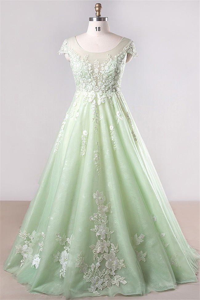 A Line Scoop Neck Cap Sleeve Light Green Tulle Lace Plus Size Prom Dress