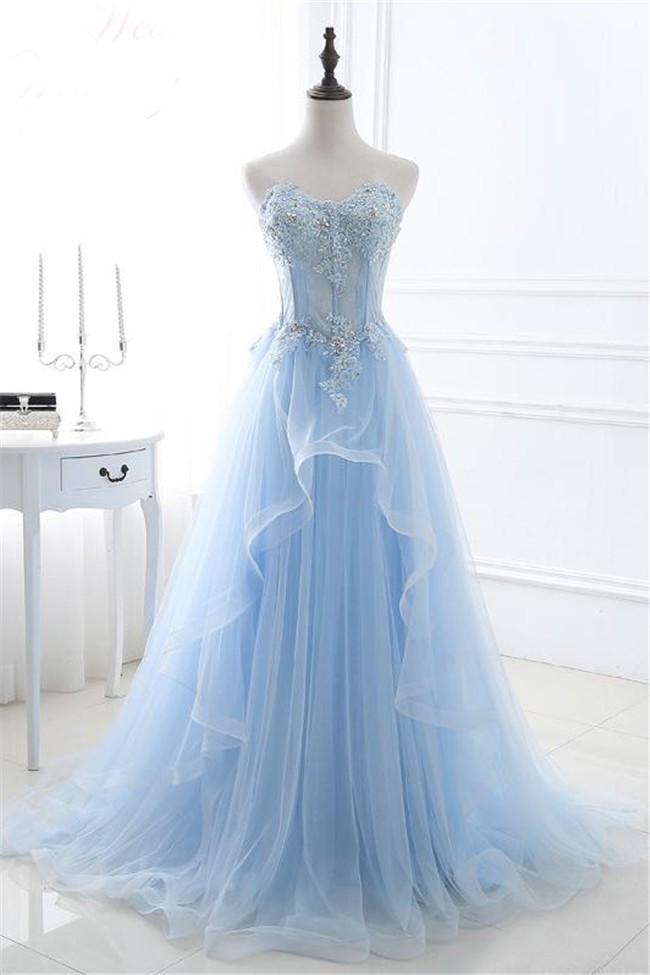 A Line Sweetheart Corset Light Blue Tulle Ruffle Applique Beaded Prom Dress