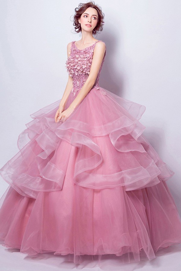 Ball Gown Boat Neck Dusty Rose Tulle Ruffle Flower Wedding