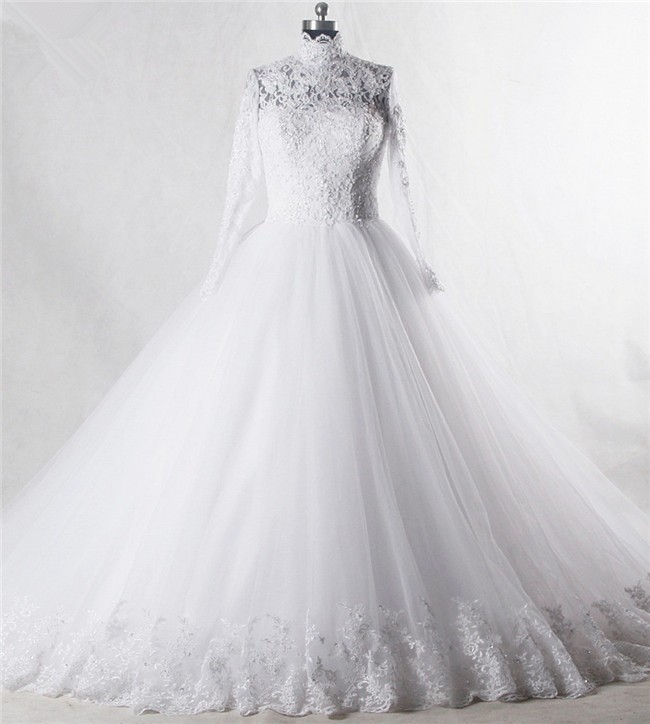 Ball Gown High Neck Long Sleeve Tulle Lace Beaded Wedding Dress