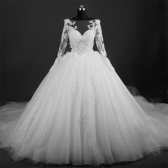 Ball Gown Illusion Neckline Long Sleeve Tulle Lace Beaded Wedding Dress ...