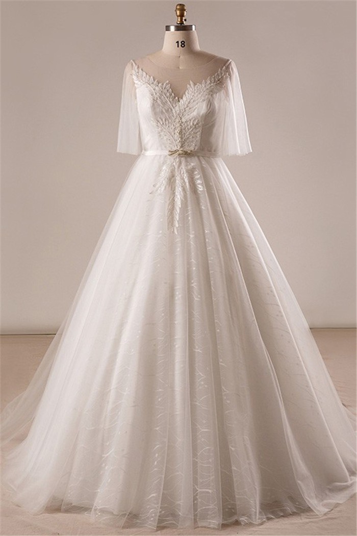 Ball Gown Illusion Neckline Tulle Sleeve Plus Size Wedding Dress ...