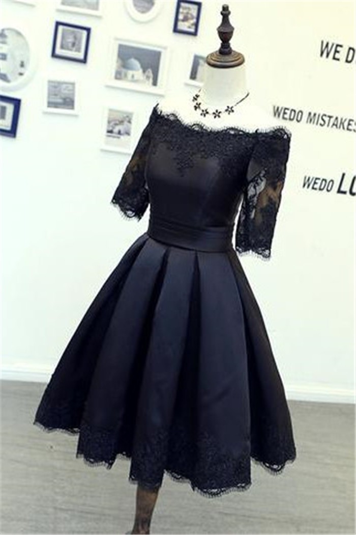 Ball Gown Off The Shoulder Short Sleeve Black Satin Lace Prom Dress