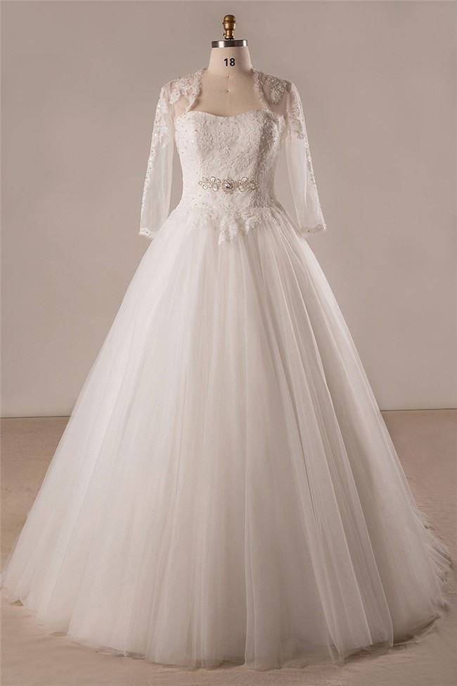 Ball Gown Strapless Lace Tulle Plus Size Wedding Dress With Long Sleeve