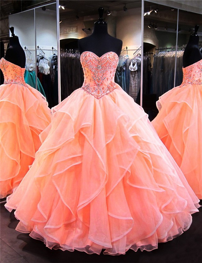 Ball Gown Sweetheart Coral Satin Organza Ruffle Puffy Quinceanera Prom