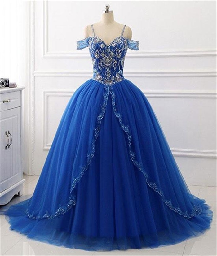 Ball Gown Sweetheart Corset Back Royal Blue Tulle Beaded Prom Dress ...