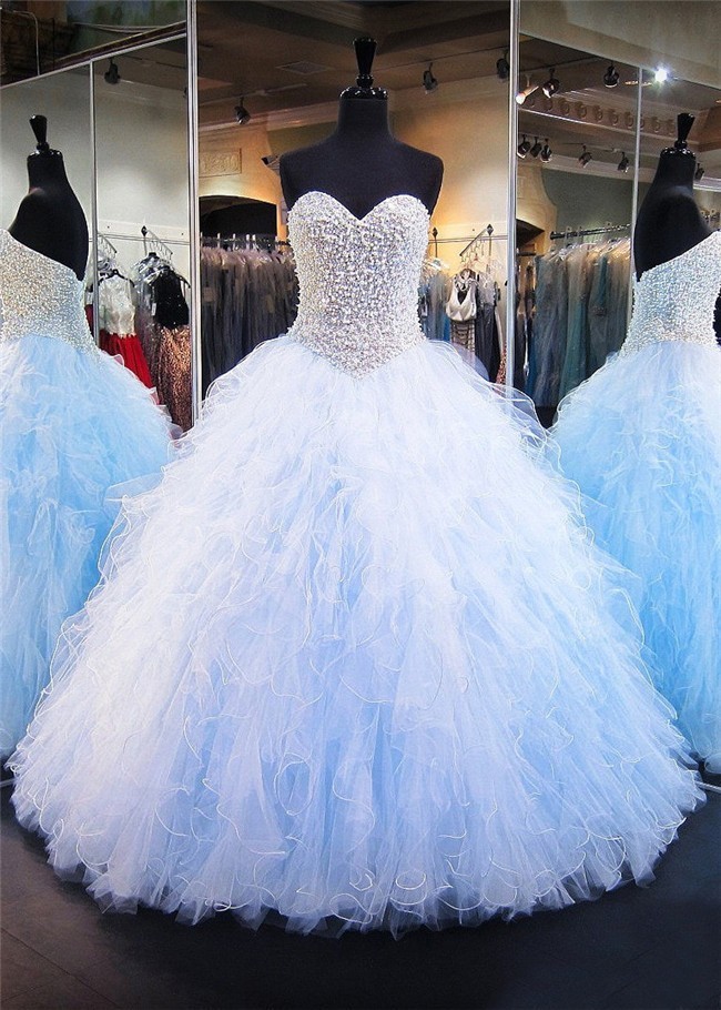 Ball Gown Sweetheart Light Blue Tulle Ruffle Pearl Puffy Quinceanera