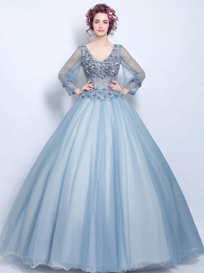 Ball Gown V Neck Sheer Sleeve Dusty Blue Tulle Flower