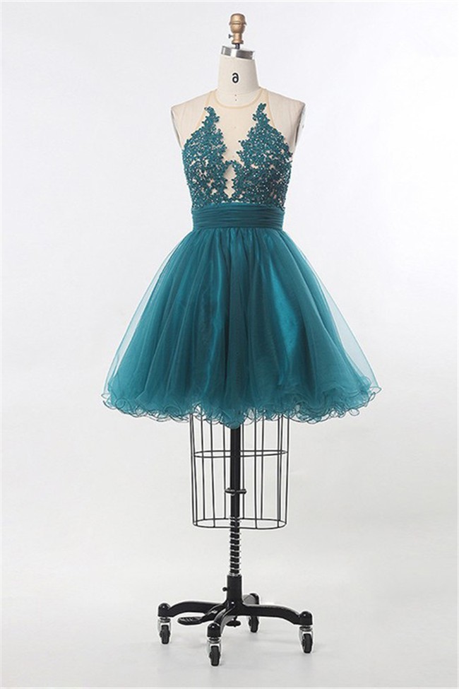 Ball Illusion Neckline Short Teal Tull Lace Beaded Prom Dress