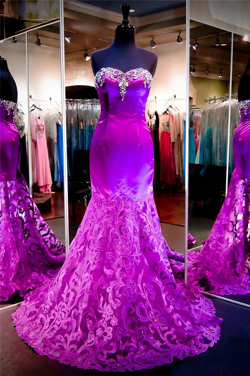 Beautiful Mermaid Strapless Purple Satin Lace Prom Dress 