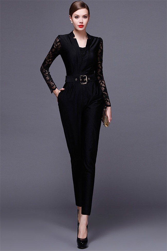 Black Jersey Lace Long Sleeve Formal Occasion Evening Jumpsuit
