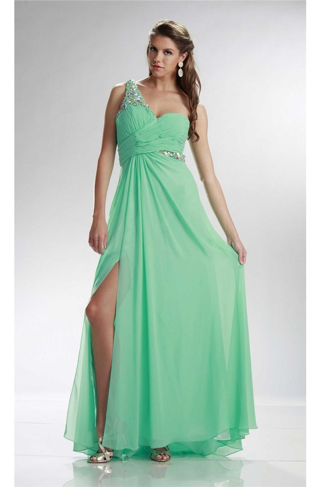 Charming One  Shoulder  High Slit Long Mint  Green  Chiffon 