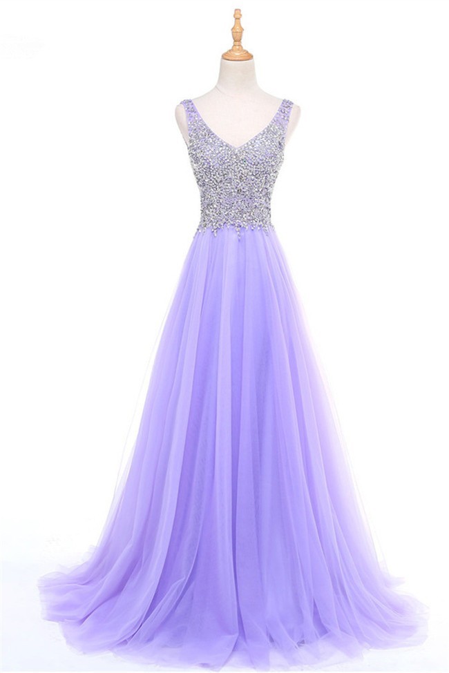 Classic A Line V Neck Sleeveless Lavender Tulle Beaded Prom Dress