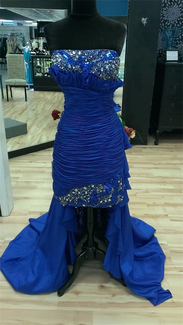 Classic Strapless High Low Royal Blue Taffeta Beaded Prom Dress