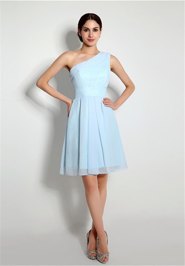 Cute A Line One Shoulder Light Blue Chiffon Bridesmaid Party Dress