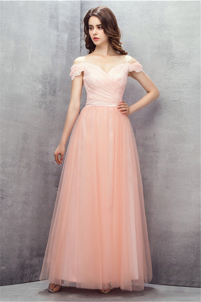 Cute Off  The Shoulder  Long Blush  Pink  Lace Tulle Prom  Dress 