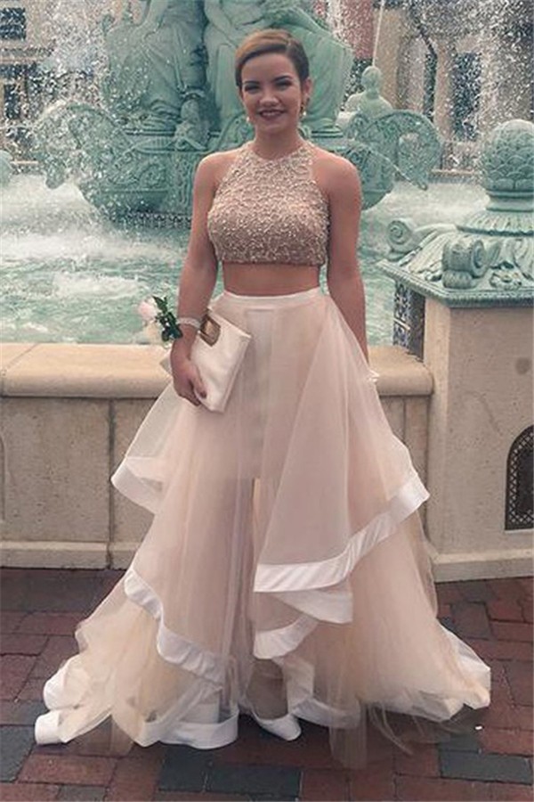 Two Piece Long White Prom Dress with Beaded Straps #LG0297 
