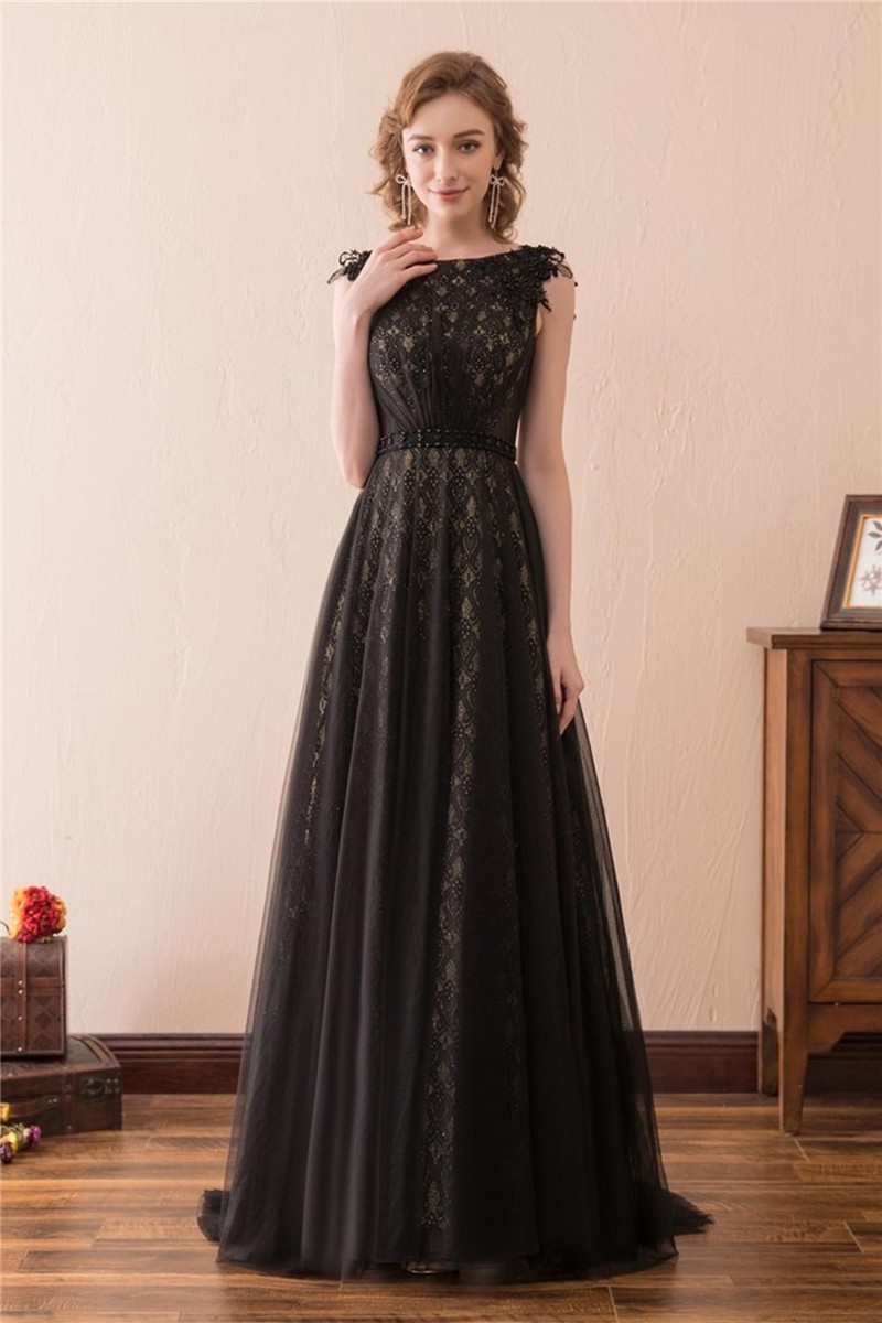 Elegant Sleeveless Black Lace Tulle Long Prom Dress With Belt# ...