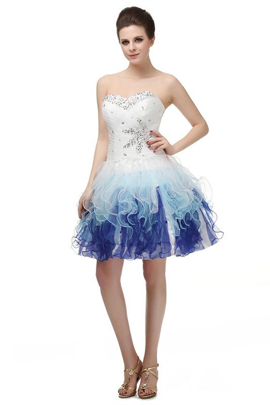 Fantastic Ball Strapless White Blue Ombre Ruffle Short Prom