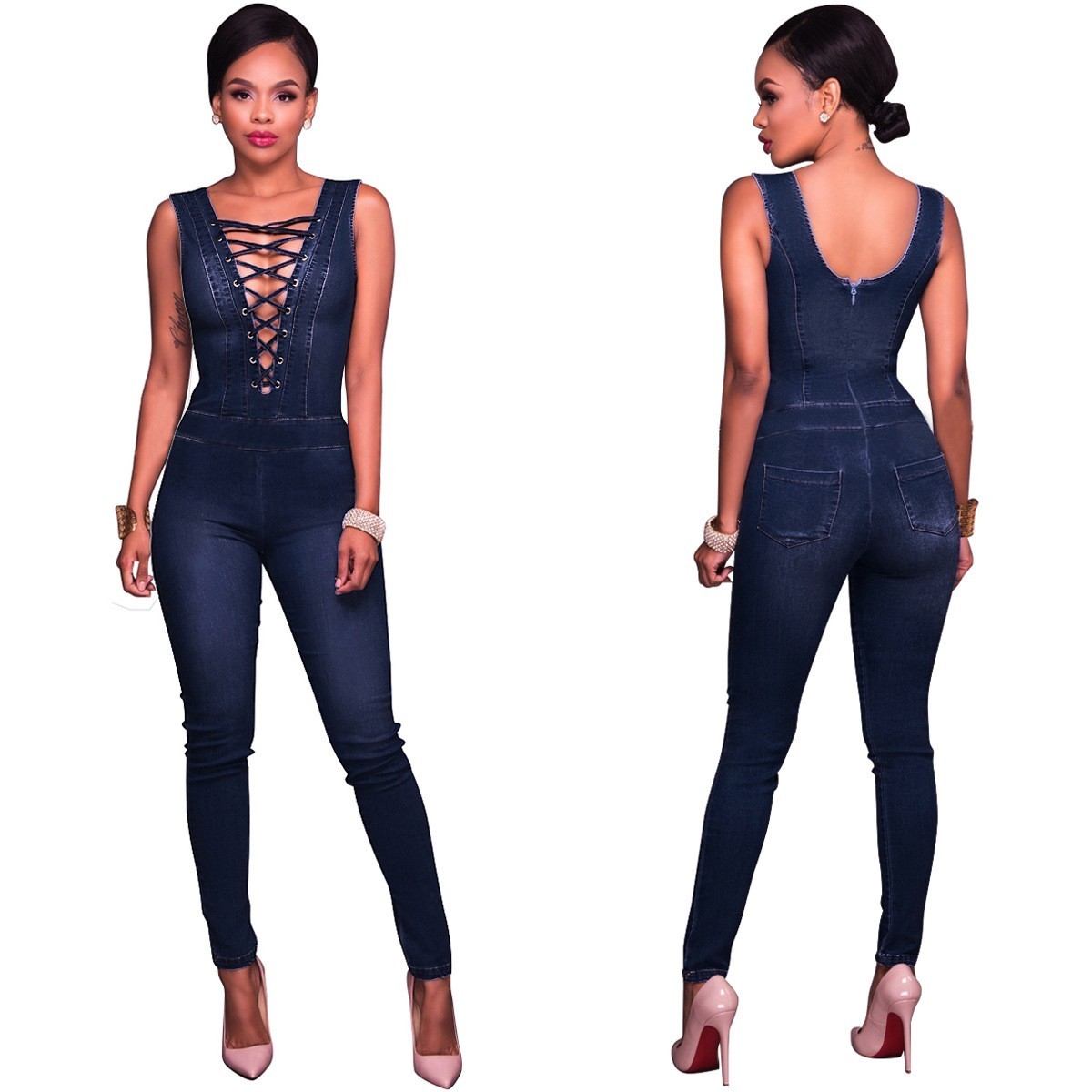 Fitted Sleeveless Plunging Neckline Lace Up Denim Women Jumpsuit