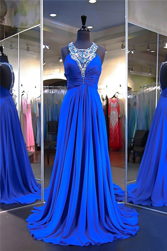 Gorgeous A Line Halter Long Royal Blue Chiffon Beaded Prom Dress