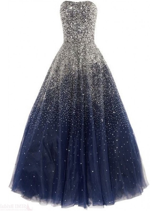 Ball Strapless Navy Blue Tulle Beaded Sparkly Prom Dress