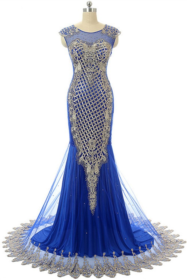 Gorgeous Mermaid Cap Sleeve Royal Blue Tulle Gold Embroidery Special