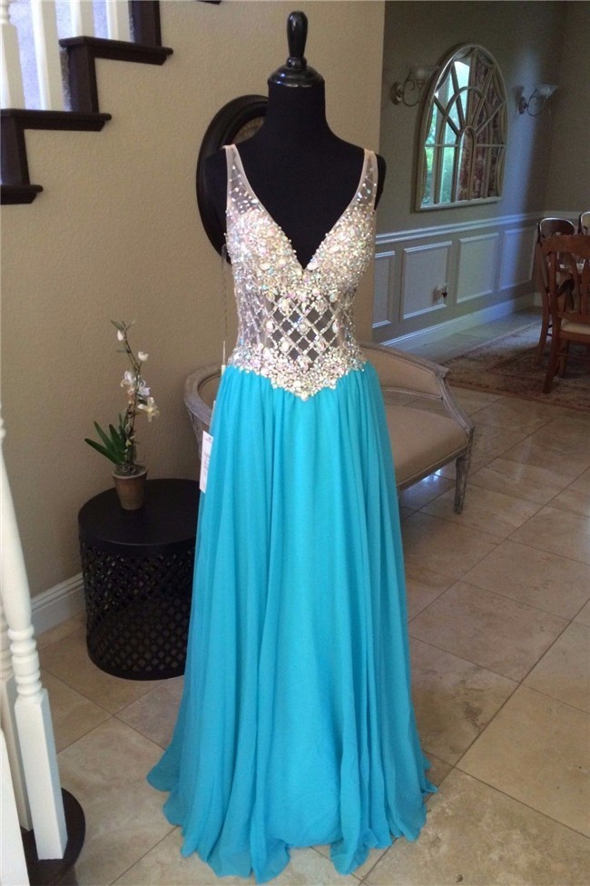 Gorgeous V Neck Open Back Long Turquoise Chiffon Beaded See Through ...