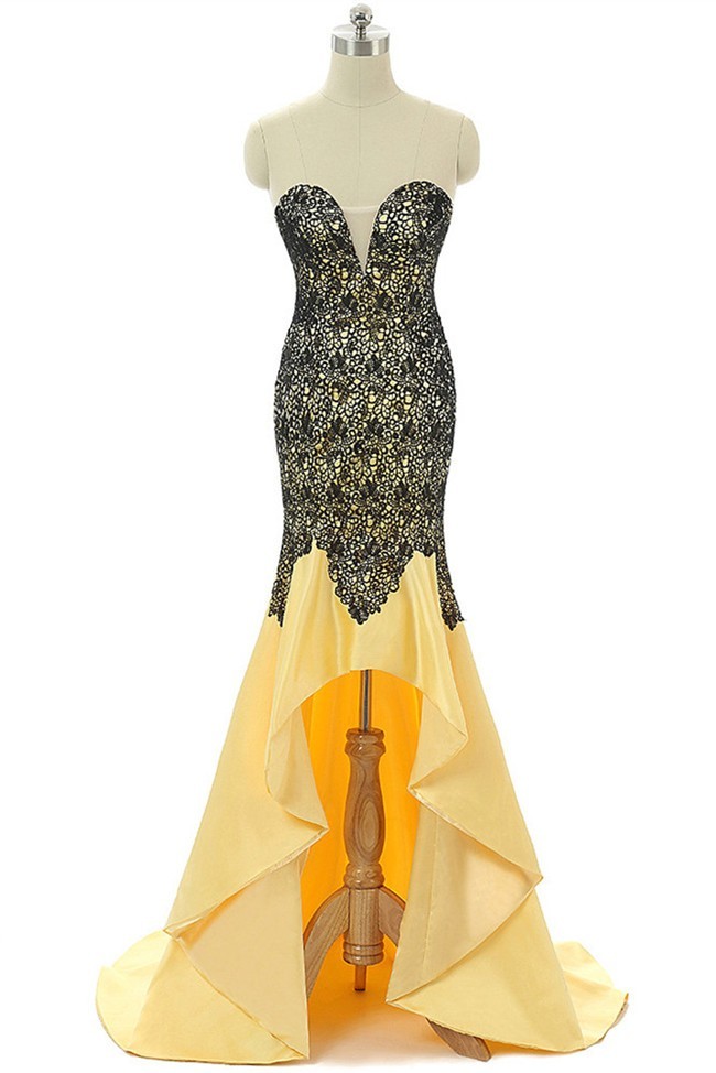 black and yellow prom dress