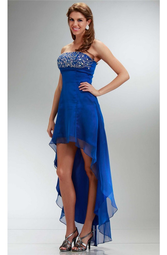 Lovely High Low Strapless Empire Waist Royal Blue Chiffon Party Prom Dress